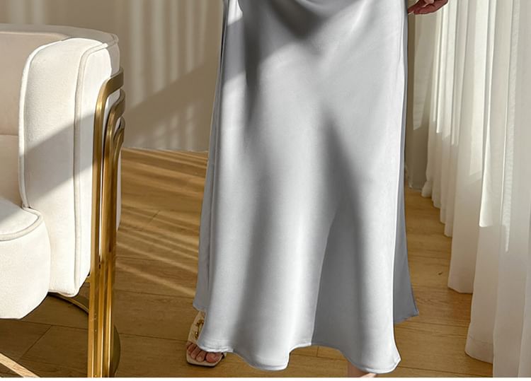 A-Line Satin V-Neck Dress Midi Plain Spaghetti Strap