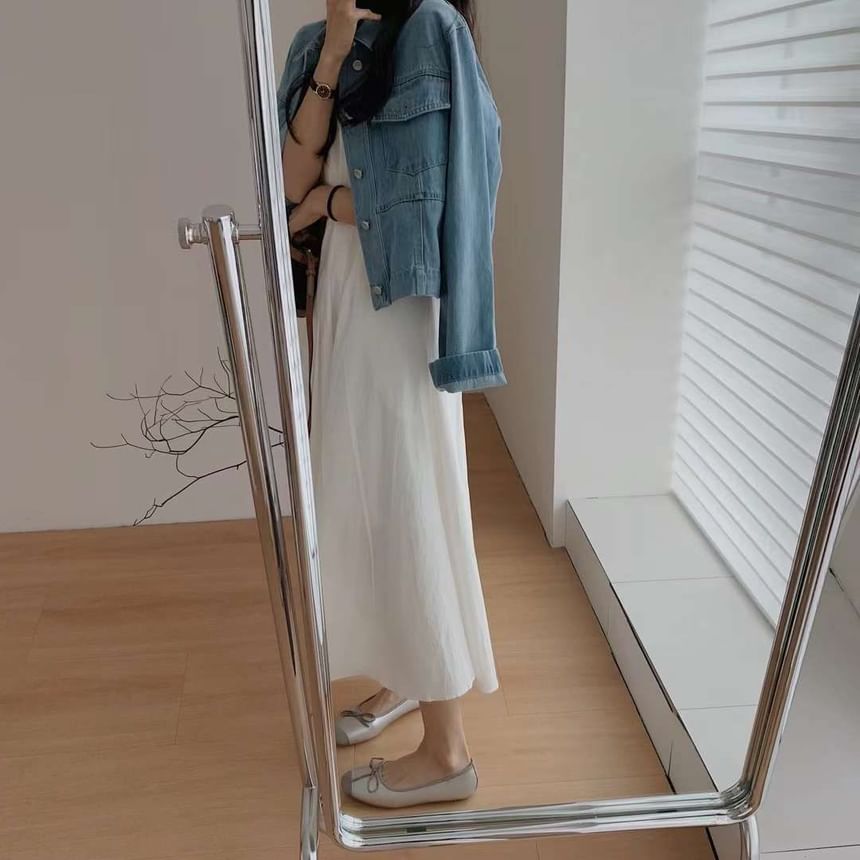 Dress Pleated Sleeveless Crew A-Line Plain Neck Midi