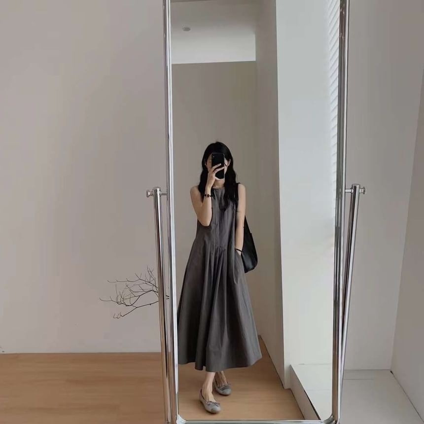 Dress Pleated Sleeveless Crew A-Line Plain Neck Midi