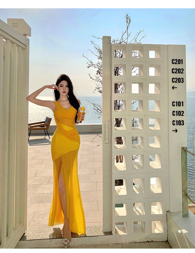 Sleeveless V-Neck Plain Wrap Maxi Bodycon Dress