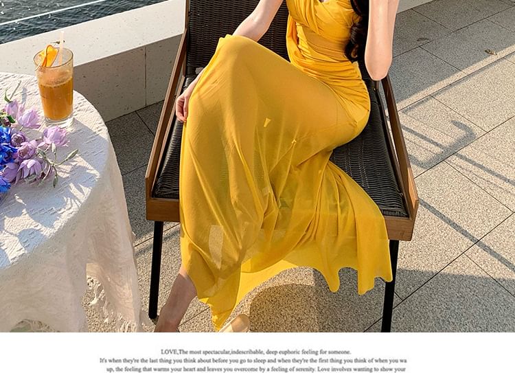 Sleeveless V-Neck Plain Wrap Maxi Bodycon Dress