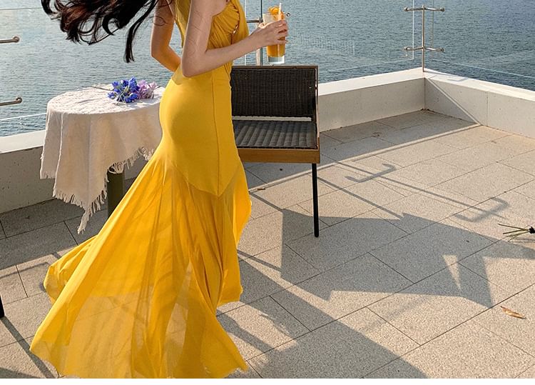 Sleeveless V-Neck Plain Wrap Maxi Bodycon Dress