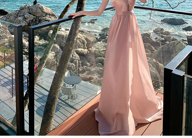Halter Neck Cutout Maxi A-Line Dress with Shorts Set