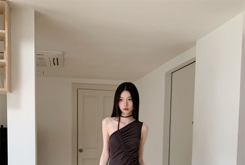 Asymmetric One-Shoulder Ruched Panel Maxi A-Line Dress