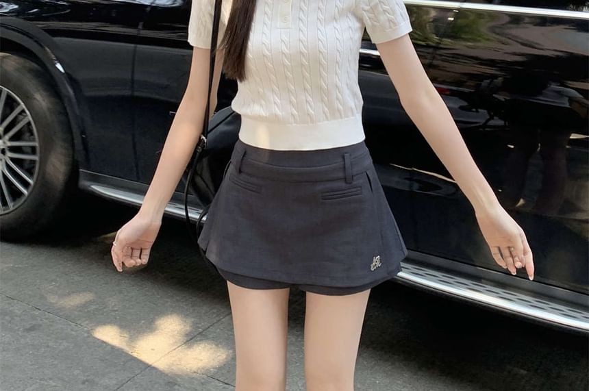 Plain Crop Polo Shirt Cable Knit Short-Sleeve