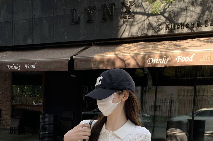 Cable Plain Short-Sleeve Knit Shirt Polo Crop
