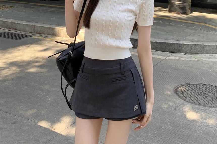 Cable Plain Short-Sleeve Knit Shirt Polo Crop