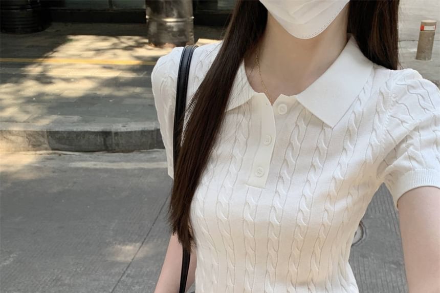 Plain Crop Polo Shirt Cable Knit Short-Sleeve