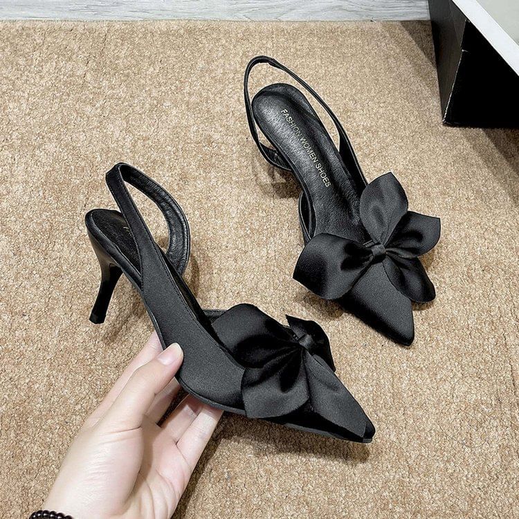 Bow Toe Pumps Slingback Pointed Satin