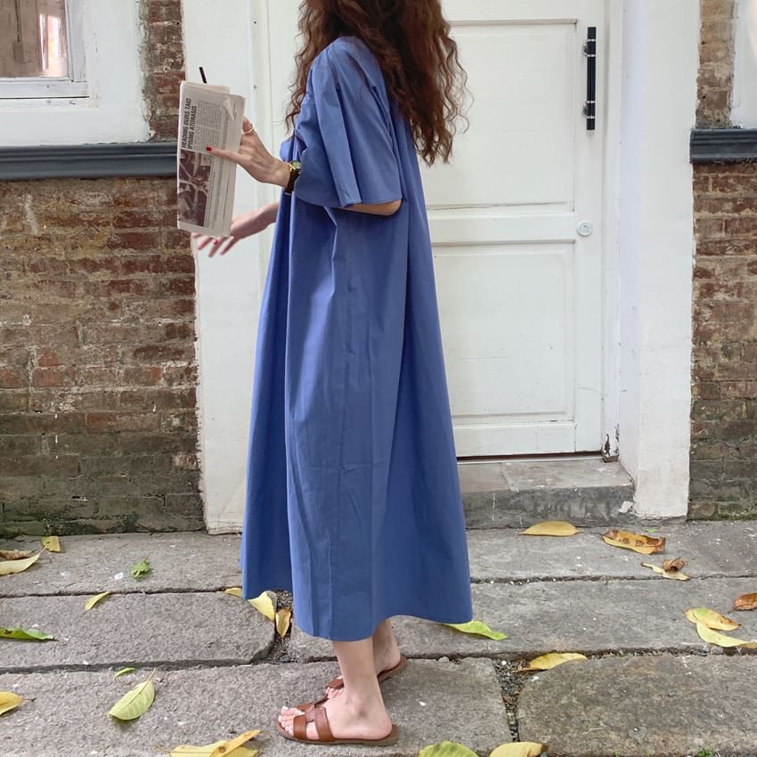 Gathered Square Neck Short Sleeve Maxi A-Line Dress