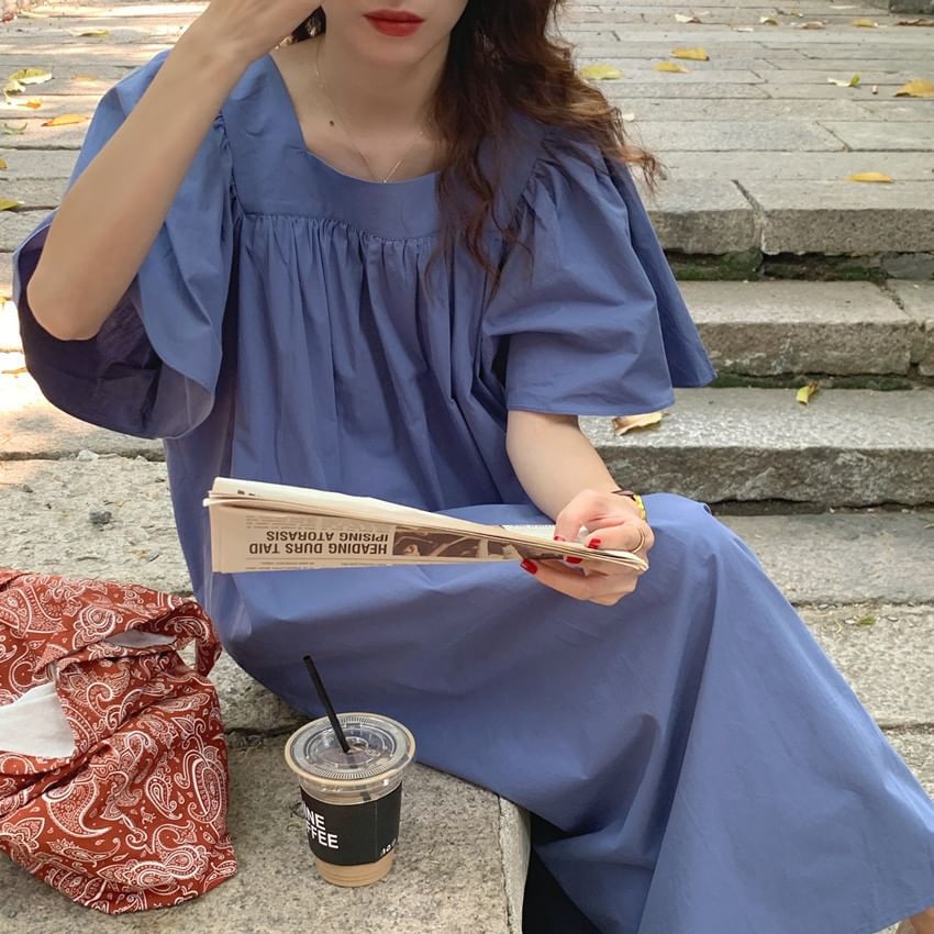 Gathered Square Neck Short Sleeve Maxi A-Line Dress