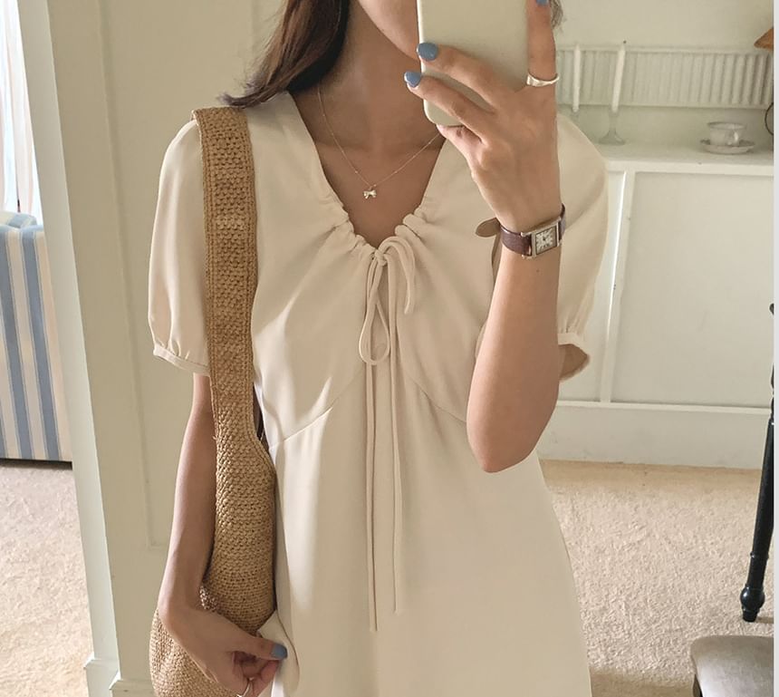 Short Sleeve V-Neck Drawstring Maxi A-Line Dress