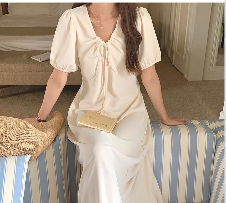 Short Sleeve V-Neck Drawstring Maxi A-Line Dress