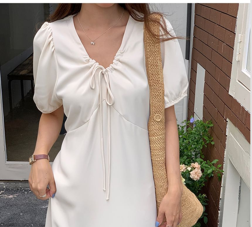 Short Sleeve V-Neck Drawstring Maxi A-Line Dress