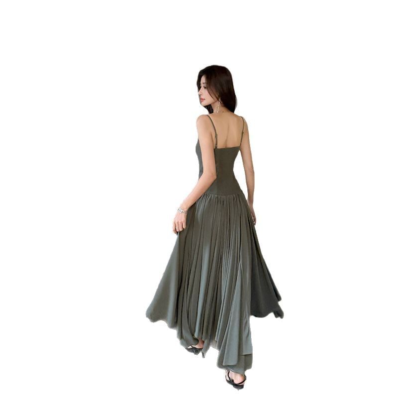 Ruched Open Back Spaghetti Strap V-Neck Maxi A-Line Dress
