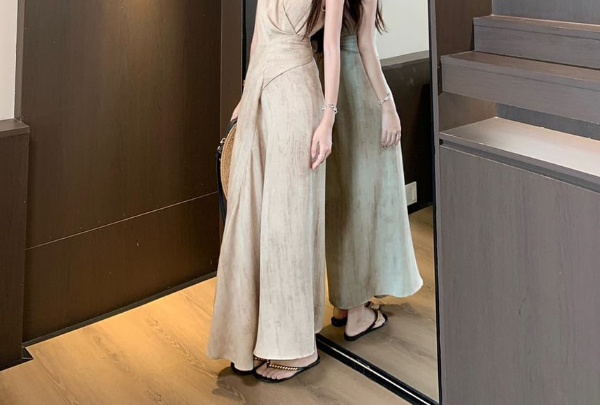 V-Neck Sleeveless Wrap Plain A-Line Maxi Dress