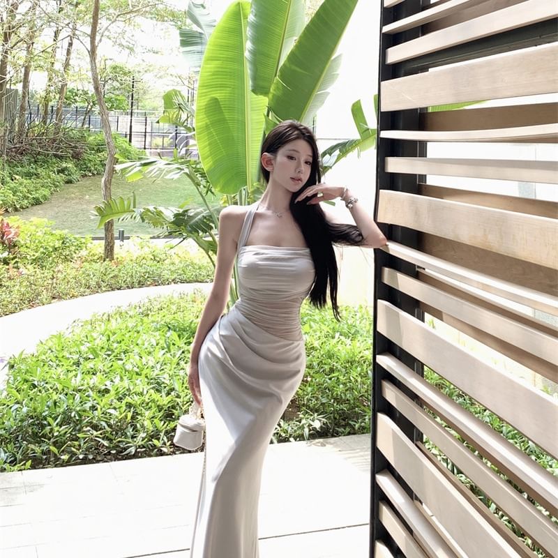 Mesh Panel Halter Neck Ruched Open Back Satin Maxi Mermaid Dress