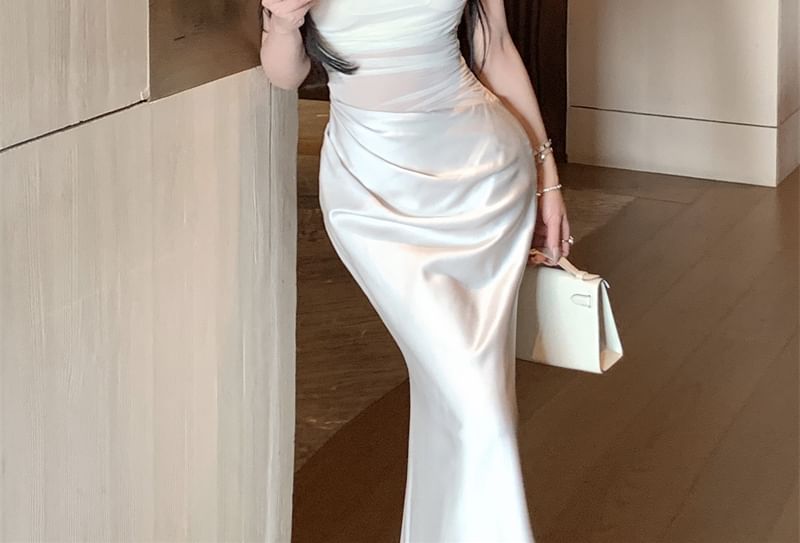 Mesh Panel Halter Neck Ruched Open Back Satin Maxi Mermaid Dress