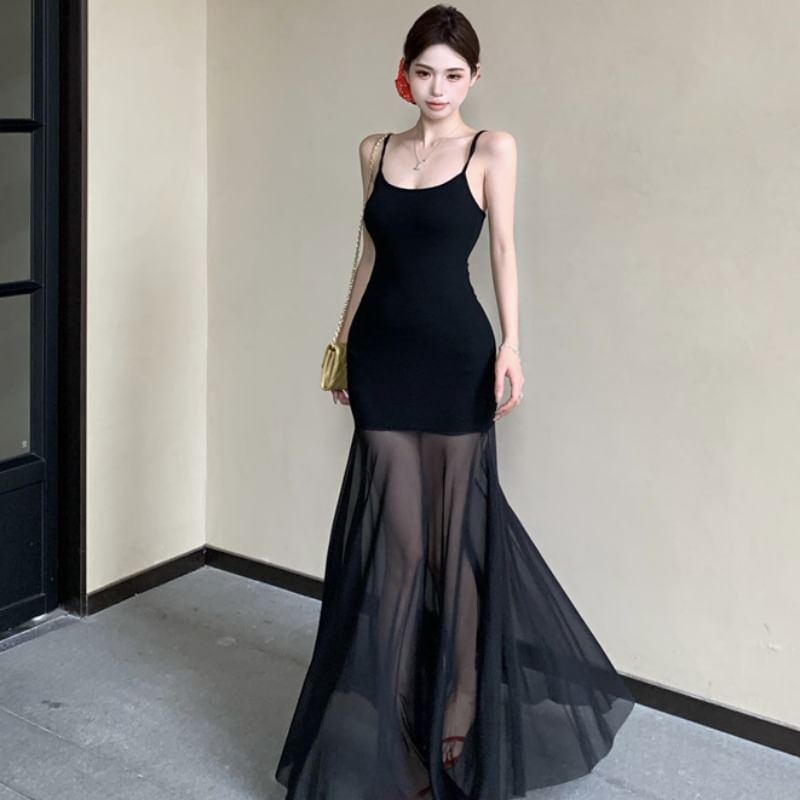 Mesh Panel Spaghetti Strap Scoop Neck Maxi Mermaid Dress