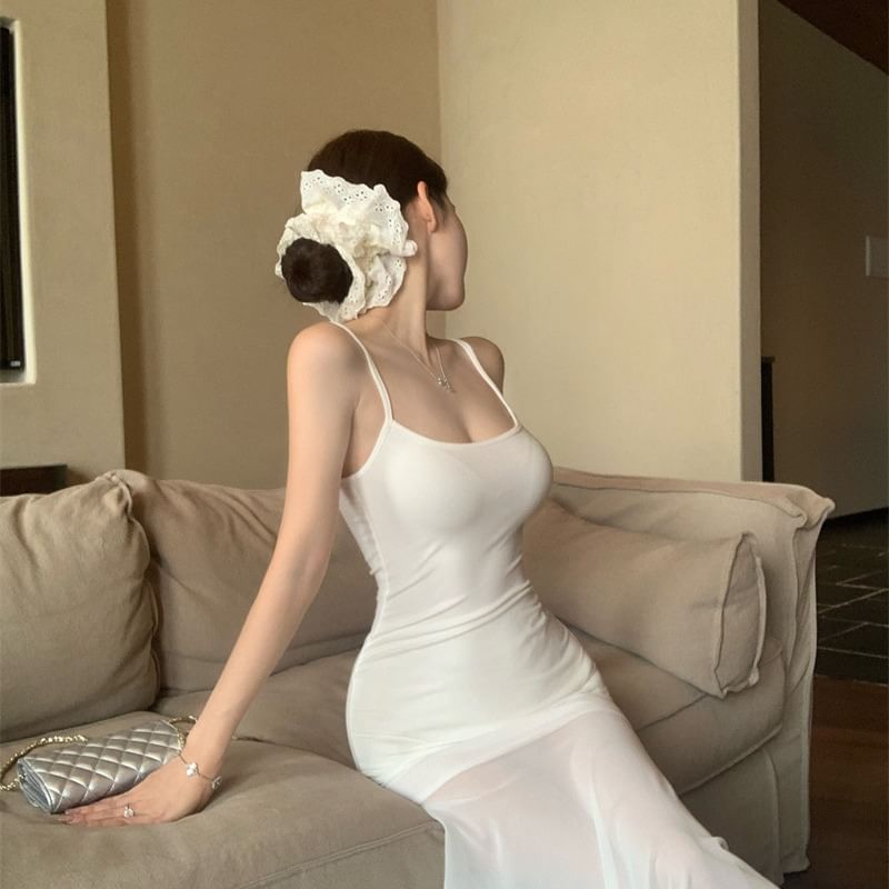 Mesh Panel Spaghetti Strap Scoop Neck Maxi Mermaid Dress