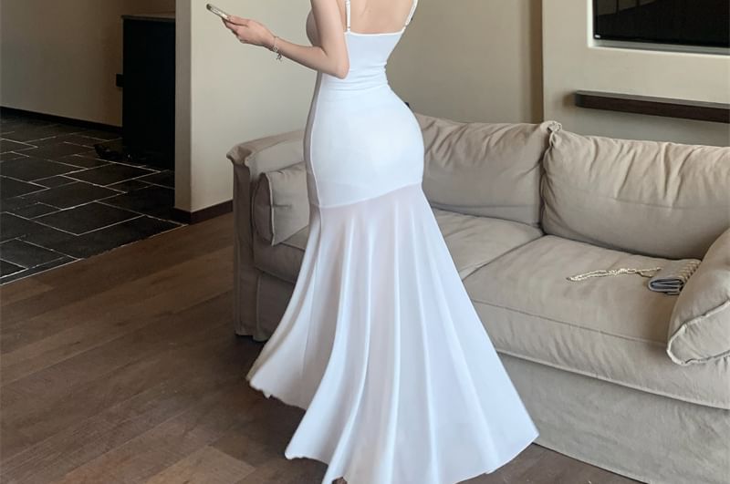 Mesh Panel Spaghetti Strap Scoop Neck Maxi Mermaid Dress