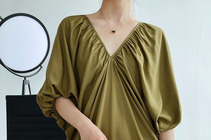 Puff-Sleeve V-Neck Sundress Maxi Length