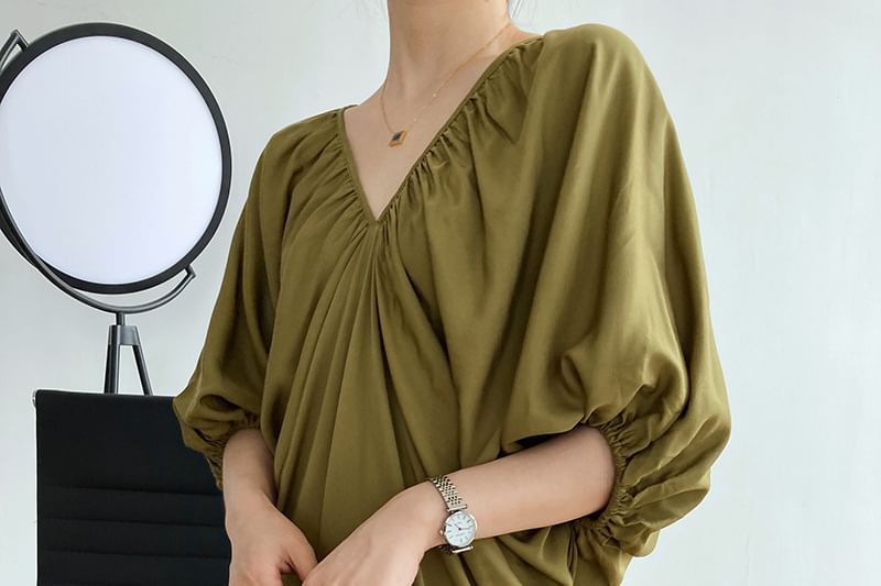 Puff-Sleeve V-Neck Sundress Maxi Length