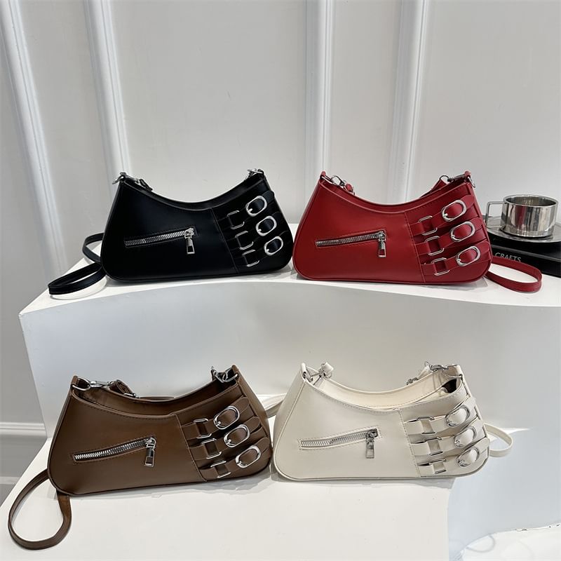Faux Leather Buckled Zip Shoulder Bag