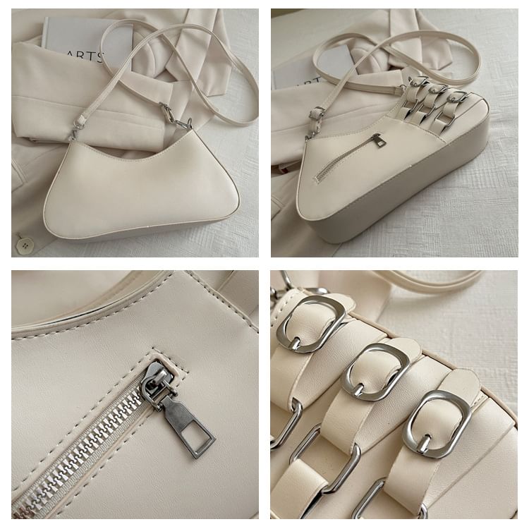 Faux Leather Buckled Zip Shoulder Bag