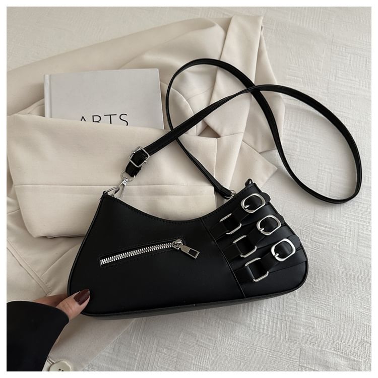 Faux Leather Buckled Zip Shoulder Bag