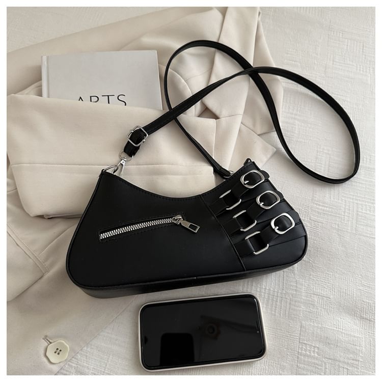 Faux Leather Buckled Zip Shoulder Bag