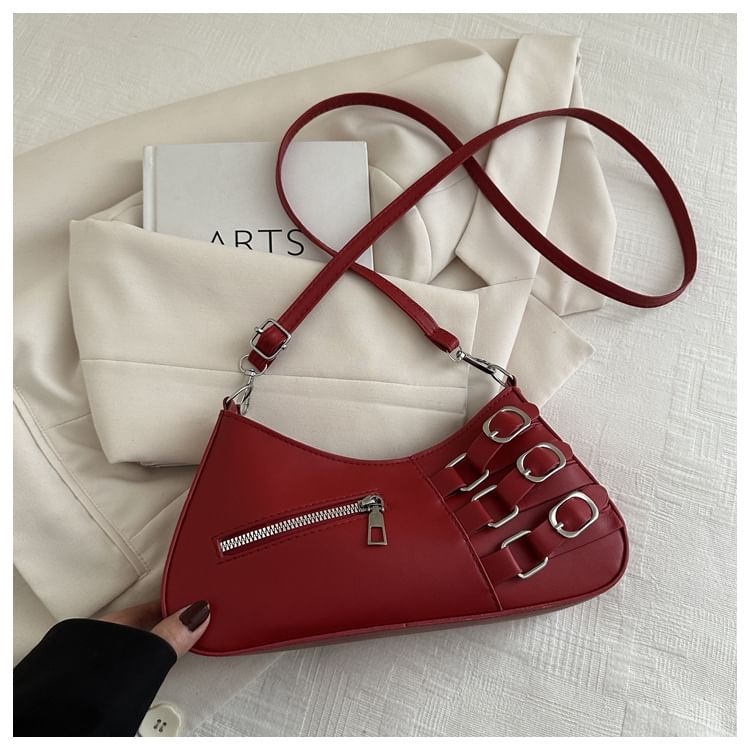 Faux Leather Buckled Zip Shoulder Bag