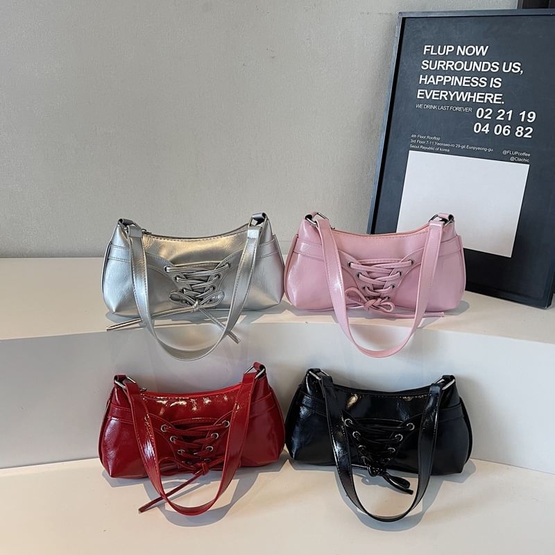 Faux Leather Plain Zip Lace Up Shoulder Bag