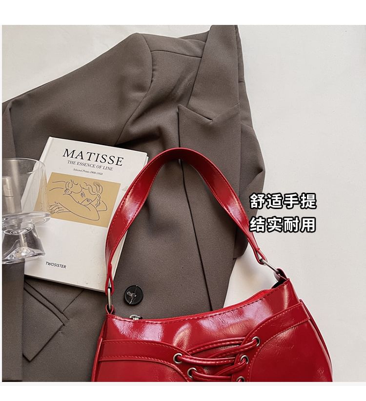 Faux Leather Plain Zip Lace Up Shoulder Bag