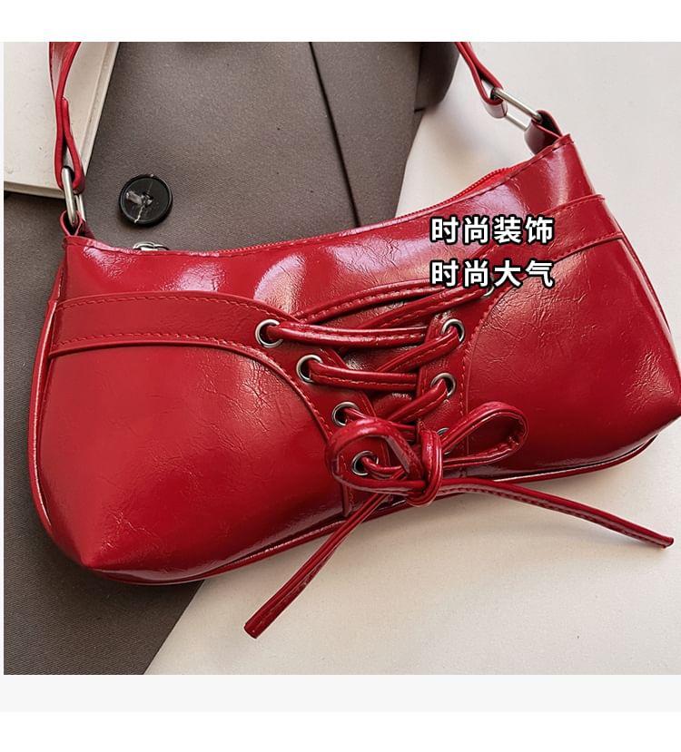 Faux Leather Plain Zip Lace Up Shoulder Bag