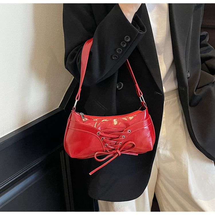 Faux Leather Plain Zip Lace Up Shoulder Bag