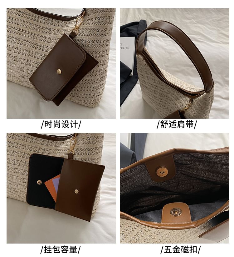 Faux Leather Trim Woven Shoulder Bag