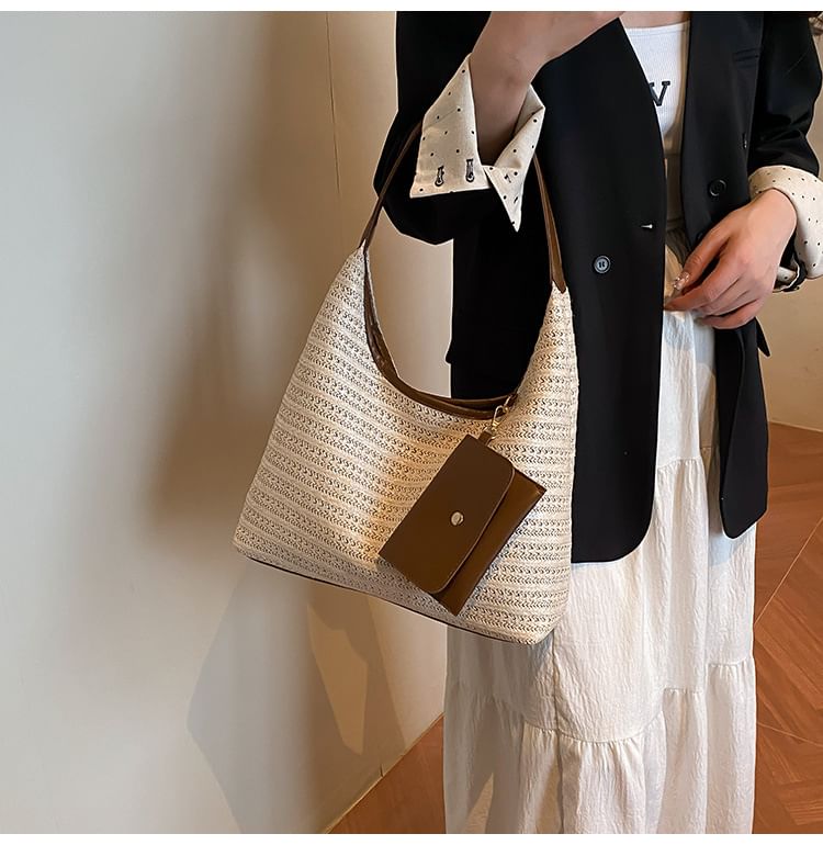 Faux Leather Trim Woven Shoulder Bag