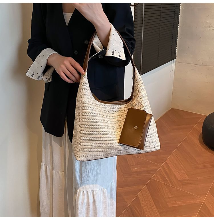 Faux Leather Trim Woven Shoulder Bag