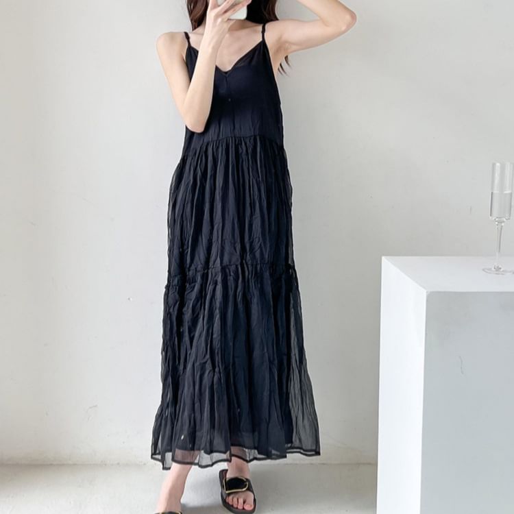 Crinkle Panel Spaghetti Strap V-Neck Maxi A-Line Dress