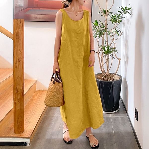 Scoop Neck Sleeveless Plain Maxi A-Line Dress