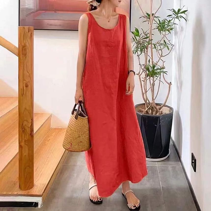 Scoop Neck Sleeveless Plain Maxi A-Line Dress