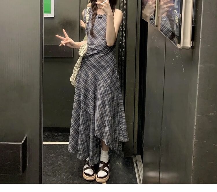Dress Asymmetrical Neck Plaid A-Line Sleeveless Maxi Round