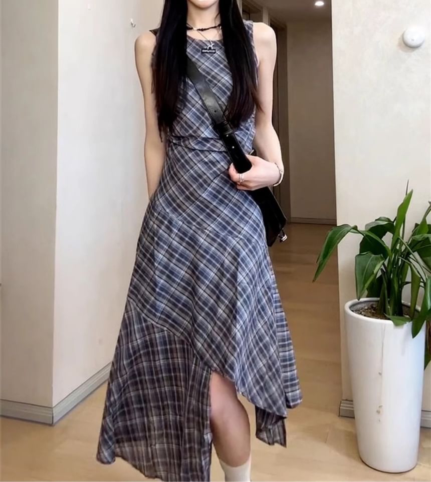 Dress Asymmetrical Neck Plaid A-Line Sleeveless Maxi Round