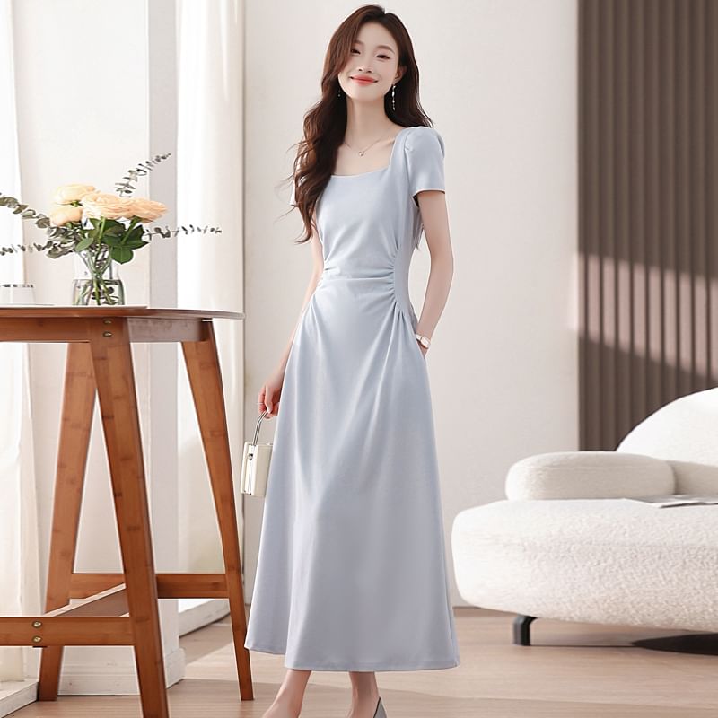 Square Neck Short-Sleeve Plain Maxi A-Line Dress