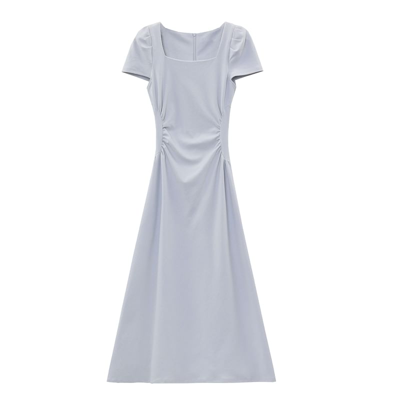 Square Neck Short-Sleeve Plain Maxi A-Line Dress