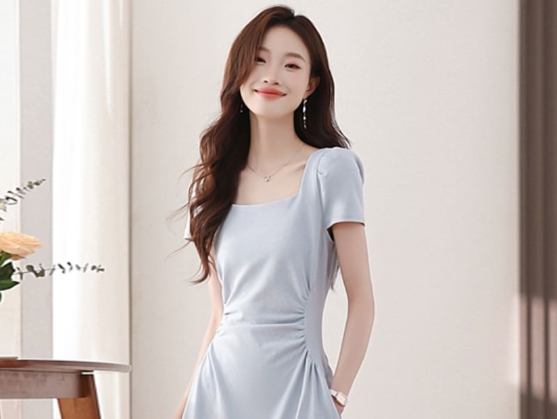 Square Neck Short-Sleeve Plain Maxi A-Line Dress