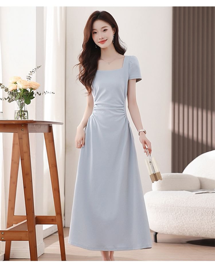 Square Neck Short-Sleeve Plain Maxi A-Line Dress