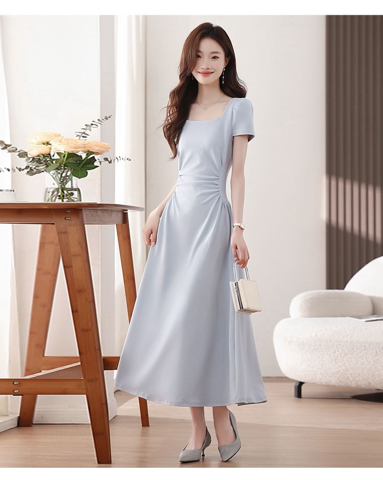 Square Neck Short-Sleeve Plain Maxi A-Line Dress