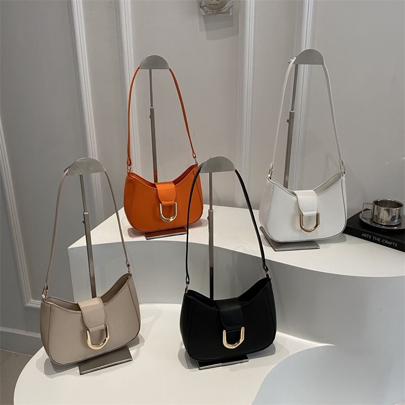 Faux Leather Plain Buckled Shoulder Bag